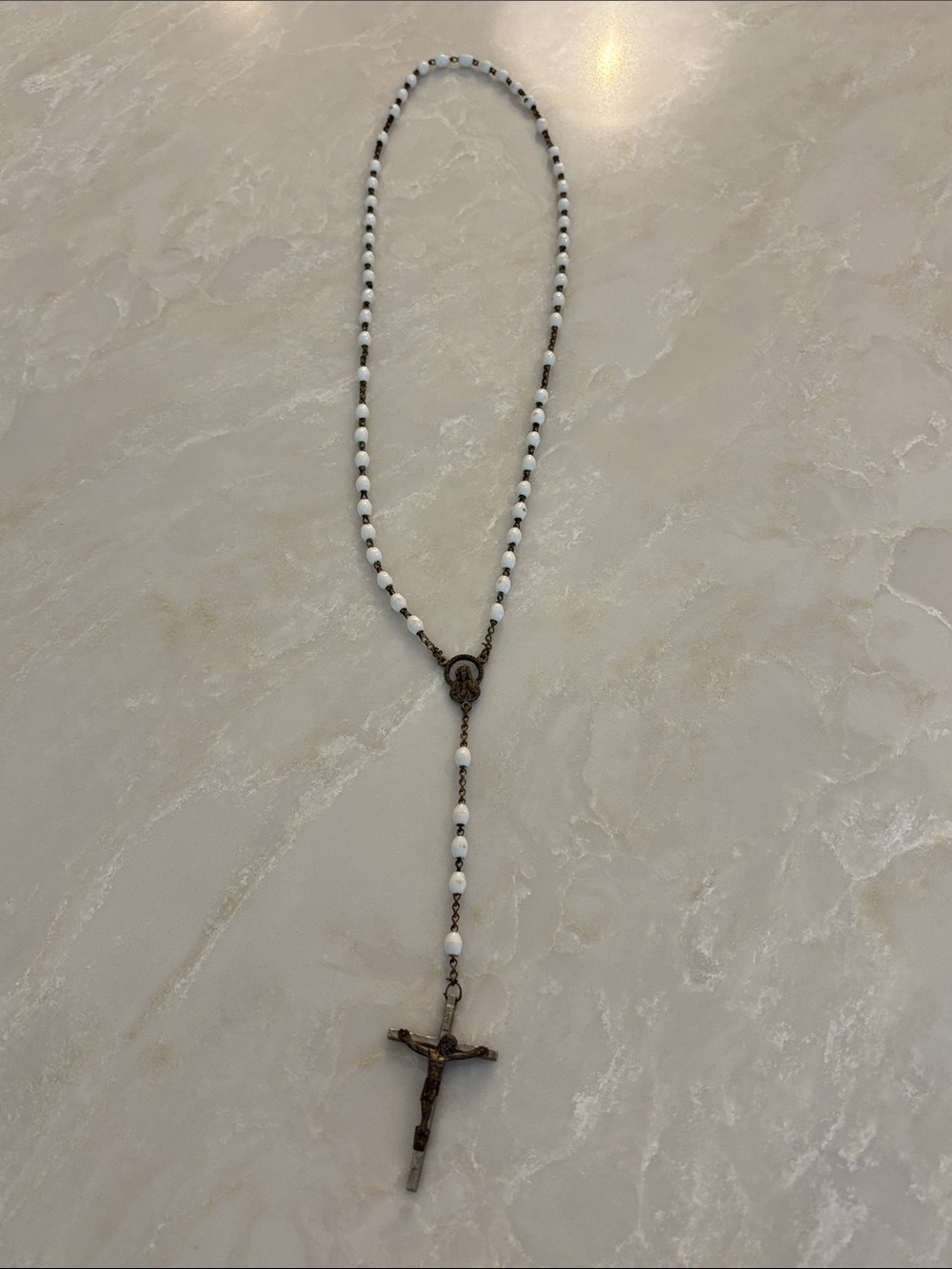 White Bead Rosary Necklace with Crucifix - Jewelry